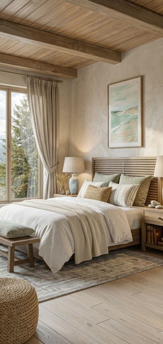Modern rustic bedroom with a slatted wooden headboard, neutral cozy bedding, lamps, and a scenic window view.