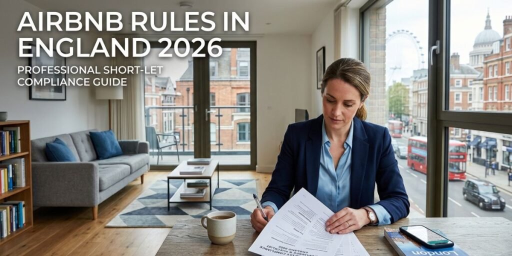 Woman reading documents in London flat. Text: Airbnb Rules in England 2026 Professional Short-Let Compliance Guide