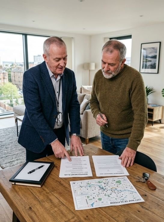 Property manager explaining a management plan document to a client at a wooden table.