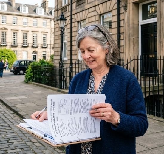 Woman smiling outdoors on a street, filling out a short-term let licensing application on a clipboard.